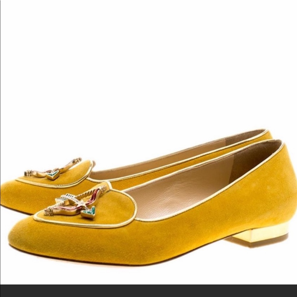 Charlotte Olympia Yellow Mustard suede flats